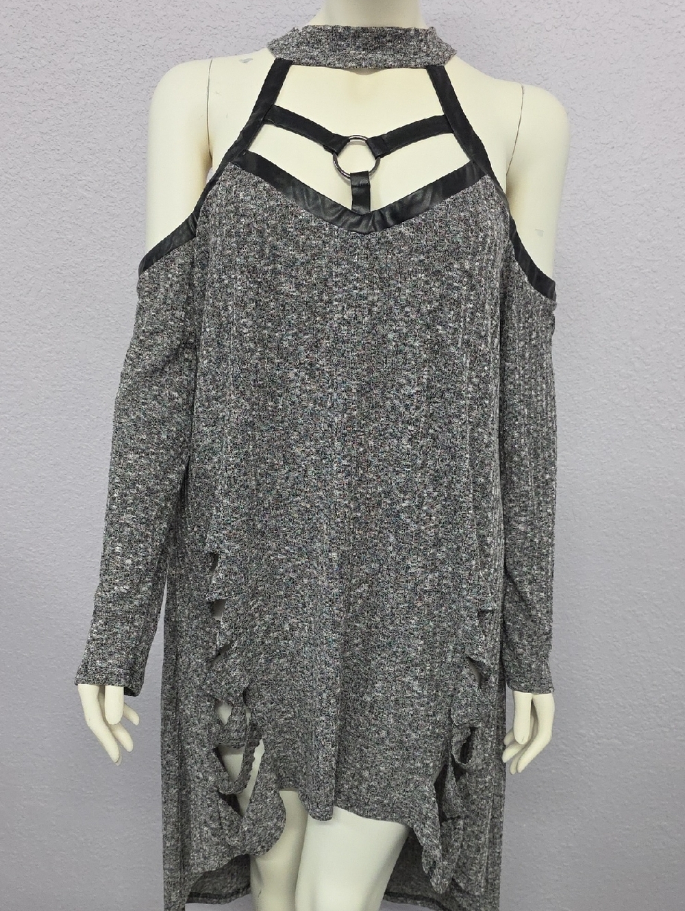 Nextmia Grey Marled Ribbed Knit Distressed Harness Tunic